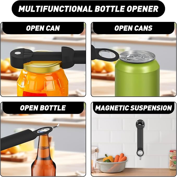 Jar and Opener for Seniors with Arthritis, Multifunctional Retractable Opener Magnetic Can Opener, Jar Grippers for Opening Jar Opener for Weak Hands (Black)