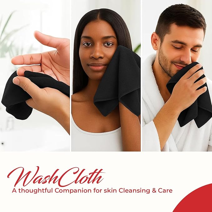 RIVERSIDE 24 Pack Washcloths Set - 100% Cotton [12x12 Inches] - Soft, Quick-Dry & Highly Absorbent Face Towels - Perfect for Bathroom, Gym, Hotel, Spa & Travel - Black
