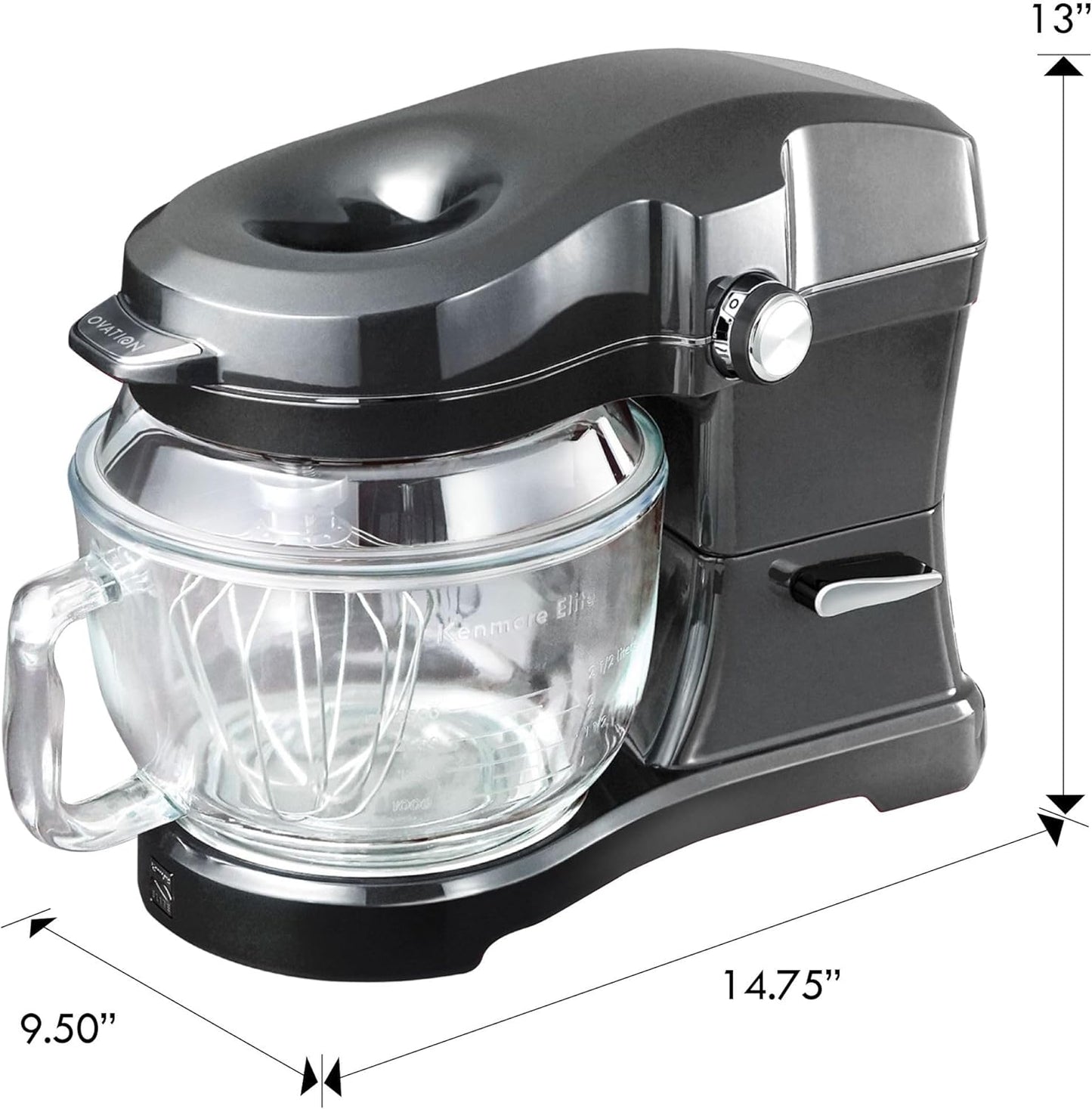 Kenmore 500W Oviation Stand Mixer - 10 Speed Mixing, Tilt-Head, Handheld Glass Bowl With Pouring Top Splash Guard, Flat Beater, Whisk, Dough Hook Attachments Countertop Kitchen Appliance, 5QT Grey
