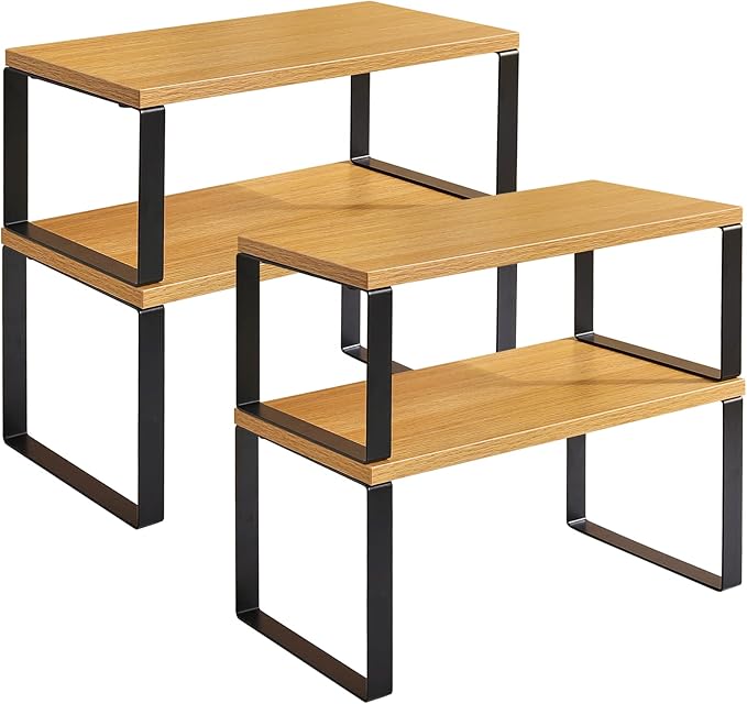 YMYNY Cabinet Shelf Organizer, Countertop Shelves Set of 2, Kitchen Spice Racks, Stackable, Storage Racks for Cupboard, Sink, Pantry, Bathroom, Natural, Metal, UHSR002N