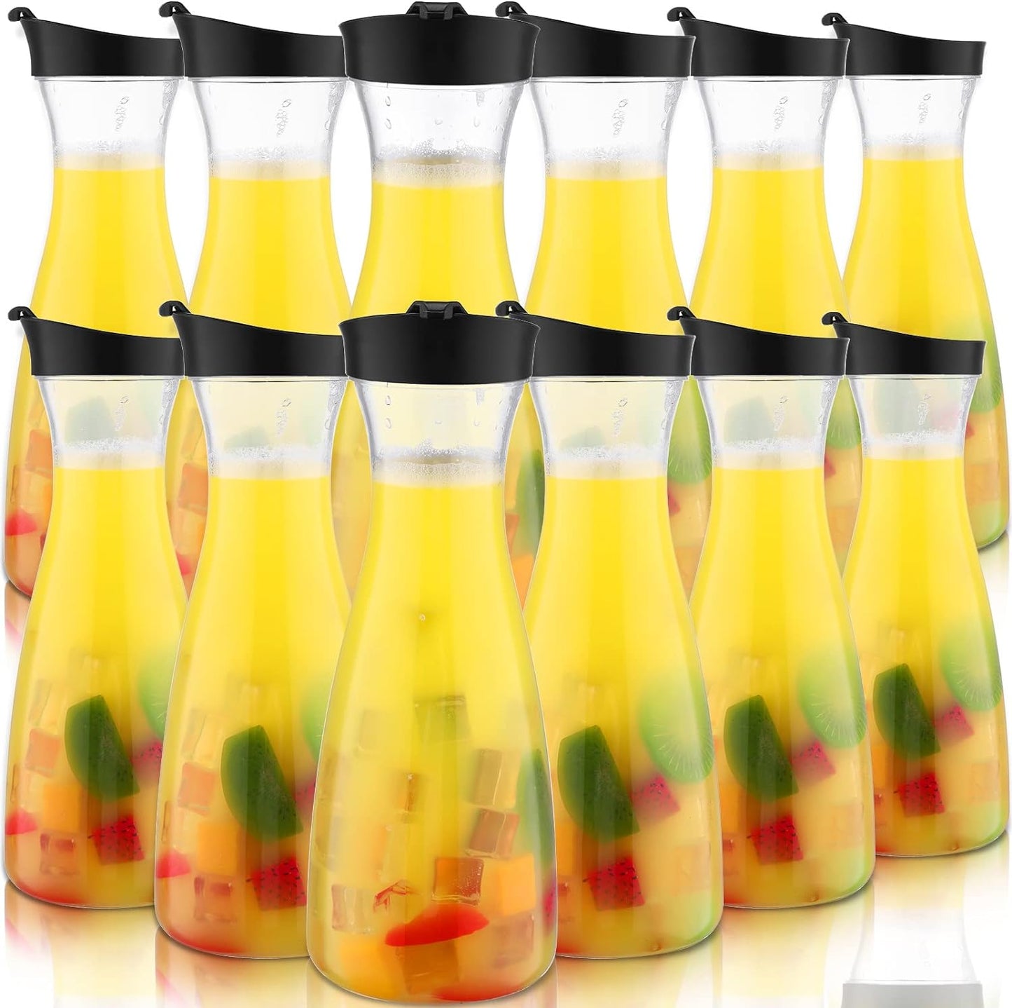 Xinnun 12 Pcs Water Carafe with Flip Top Lid Plastic Carafe with Black Lid Clear Plastic Water or Juice Beverage Pitcher Beverage Pitcher Jug for Restaurant Party School Bar Juice Milk Coffee