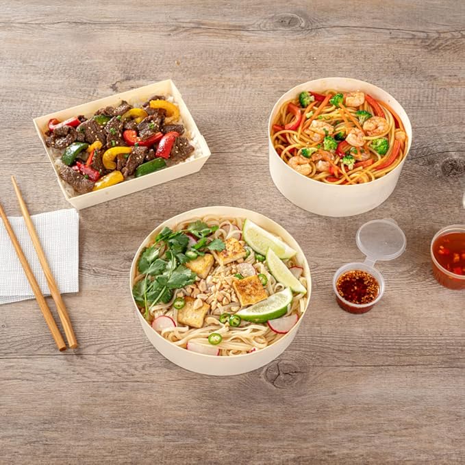 Restaurantware Taipei 33 Ounce Food Containers 100 Round Wooden Bento Boxes - Lids Sold Separately Grease Impermeable Poplar To Go Boxes Disposable Serve Noodles Dumplings And More