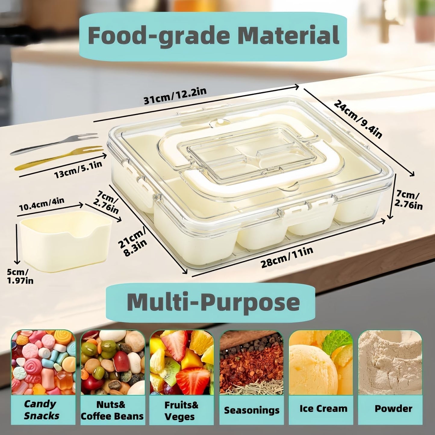 Snackle Box Container, Divided Serving Tray with Lid & Handle, Portable Snack Box Charcuterie Container for Nuts,Candy,Fruits, Snack Platter with 8 Compartments&6 forks for Party,Entertaining,Picnic