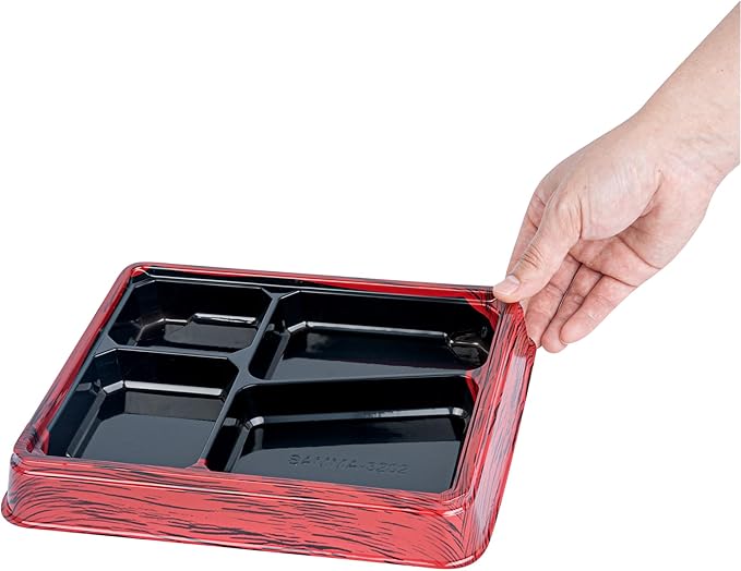 Restaurantware-Bento Tek 18.6 Ounce Meal Prep Containers, 50 Disposable To Go Food Boxes - Lids Sold Separately, 4 Compartments, Red And Black Plastic Bento Lunch Boxes, Freezable, For Take Out