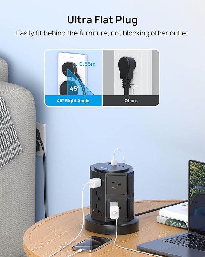 TROND Tower Surge Protector Power Strip with USB, 14 Widely Spaced Outlets, 2-USB C and 2 USB-A, 2100J Surge Protection, 10 Ft Extension Cord with Multiple Outlets Home, Office, Dorm Essentials Black