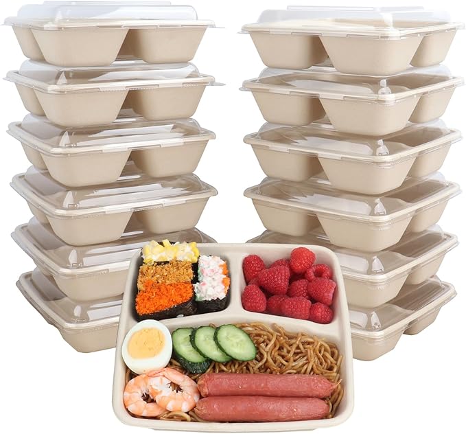34 oz 3 compartments Square Disposable bowls with lids,Sugarcane Fibers Bowls take away food containers Plant Fibers Freezer Safe 25 Pack