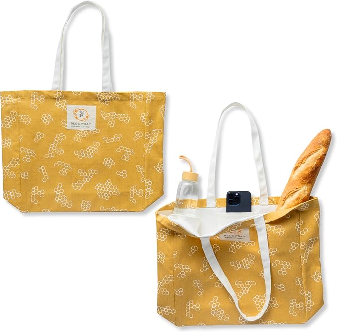 Bee's Wrap Market Tote Bag (Pack of 2) - Organic Cotton - Extra Large Reusable Grocery Bags - Tote Bags with Pockets and Straps - Yellow Honeycomb Pattern