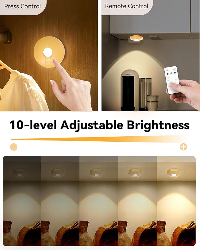 Rechargeable Puck Lights with Remote Control, 1500mAh Battery, 6Pcs Gold Stick-on Lights for Under Cabinet, Closet, Bedroom, Kitchen with Dimmer & Timer Function