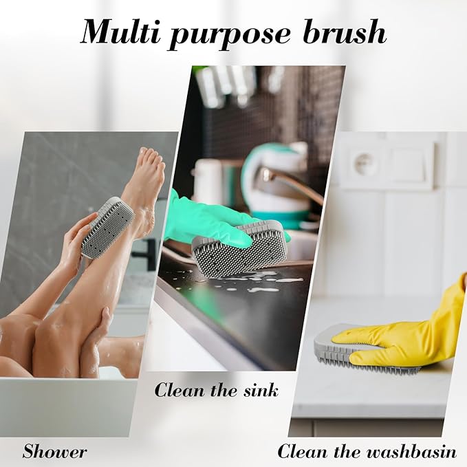 2-in-1 Silicone Soap Holder & Brush Set with Built-in Soap Saver Compartment, Includes a leak-proof soap tray+body brush, Unbreakable&Noise-Free, Soap Dish with Soft Brush, Brush with Soap Dish (grey)