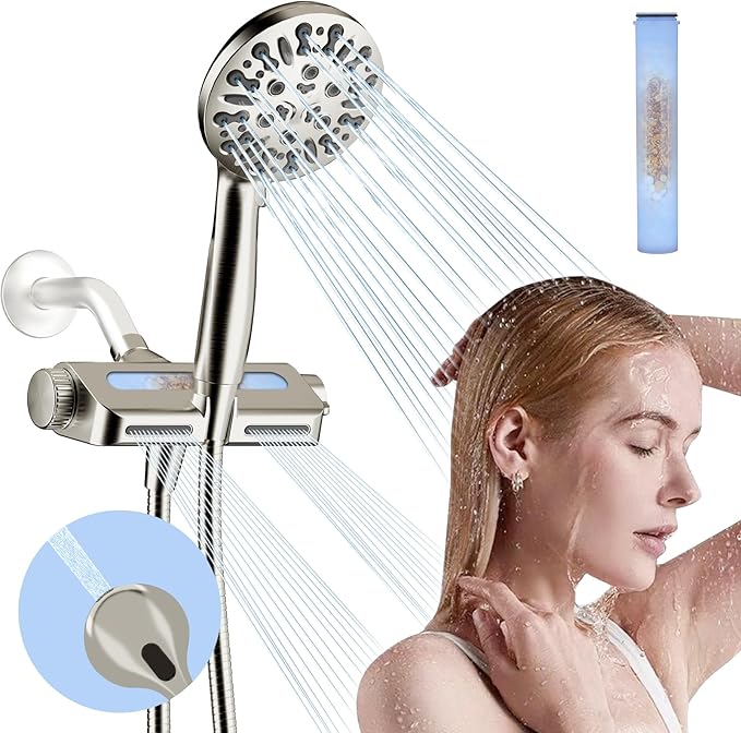 Filtered Shower Head with Handheld Combo, Hard Water Filter Shower Head with 9 Shower Modes, Dual Shower Heads High Pressure, Shower Filters to Remove Chlorine and Fluoride (Brushed Nickel)