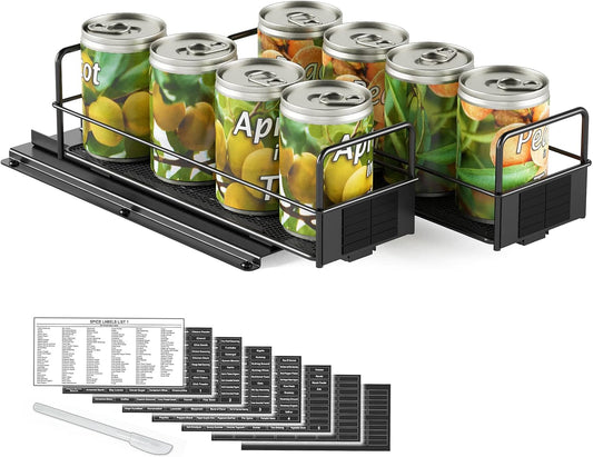 SpaceAid Pull Out Spice Rack Organizer for Cabinet, Heavy Duty Slide Out Seasoning Kitchen Organizer, Cabinet Organizer, with Labels, 7.7" W x10.8 D x4 H, 2 Drawers 1-Tier
