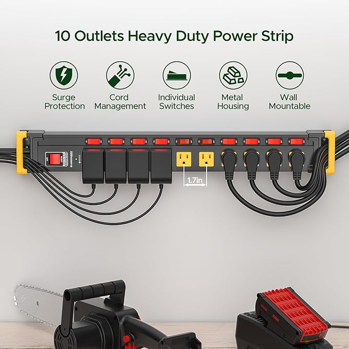 10 Outlet Heavy Duty Long Power Strip with Individual Switches,3300J Surge Protector Power Strip,6FT Cord Management, Wall Mount, Wide-Spaced, ETL Listed (15A/1875W)
