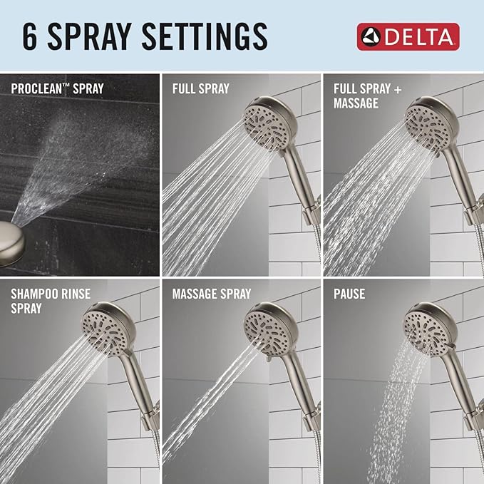 Delta Faucet ProClean Brushed Nickel Shower Head with Handheld, Showerhead with High Pressure Spray, Handheld Shower Head, 6 Spray Settings, SpotShield Brushed Nickel 75740SN