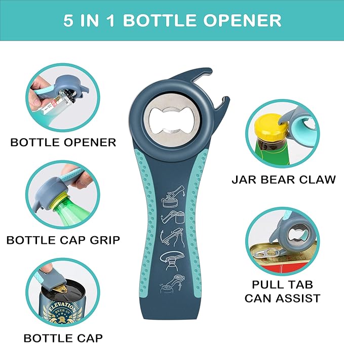 Jar Opener for Weak Hands, Seniors with Arthritis, 5 in 1 Multi Function Bottle Opener Lid Opener For Arthritic Hands with Corkscrew Wine Opener (blue)