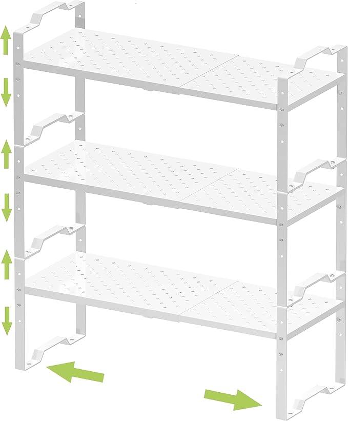 Expandable Shelf for Cabinet Organizer Adjustable Stackable Spice Rack at Kitchen and Bathroom More, Counter Countertop Cupboard Organization Pantry Storage(3 Packs/White, Large)