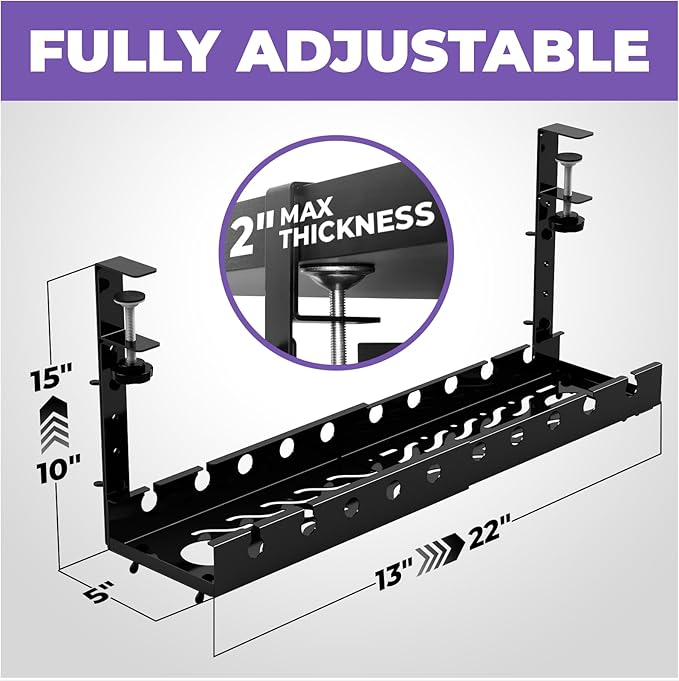 Liquid Stands Extendable Under Desk Cable Management Tray - 22.5' Metal Wire Cable Organizer Under Desk - Cord Management with Clamp Aluminum Wire Tray Power Strip Cord Holder for Piano Stand