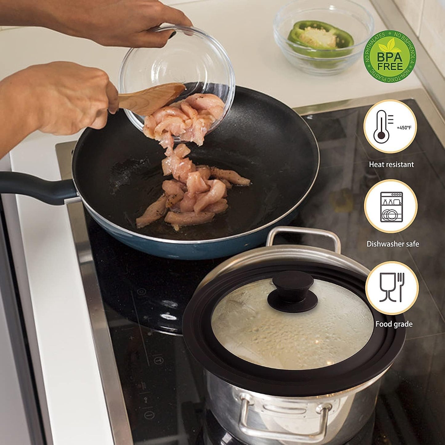 Universal Lids for Pots, Pans & Skillets - Fits 6.5", 7" & 8" Diameter, 9.5", 10" & 11" Diameter Cookware，Tempered Glass with High Heat Resistant Silicone Rim-2PK Cookware（2PK）