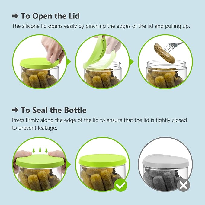 Glass Pickle Jar with Strainer Flip for Pickle Lover - 45 oz Leakproof Airtight Juice Separator for Olive, Gherkin or Chilli, BPA Free, Dishwasher and Refrigerator Safe (Green, 45 oz*1 pack)