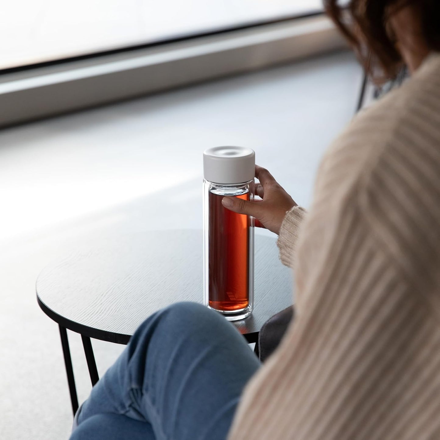 Glass Multi Tea Infuser Bottle 14oz - Double Wall Borosilicate Glass Flask | No Plastic Touches Contents | Perfect for Office or Home - White