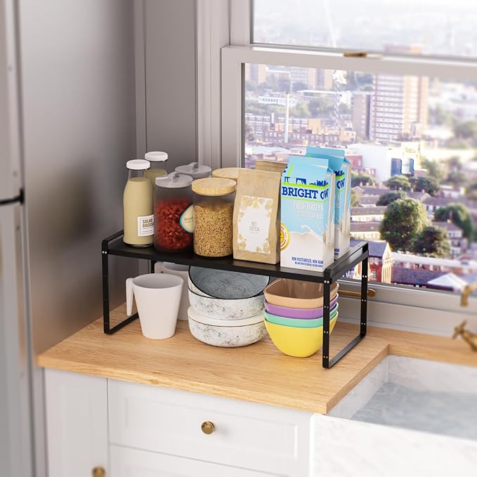 SANNO 3-Shelf Expandable Kitchen Organizer, Sturdy Metal Shelves, Stackable Counter Shelves, 16.54-27.17 inches Long, 60 lbs Weight Capacity
