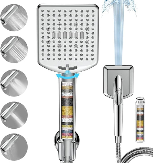 Filtered Shower Head with Handheld - High Pressure 6 Modes, 120 Anti-clog Nozzles, Detachable Showerhead with Hard Water Filters, Extra Long 6ft Hose, Power Wash Mode to Clean Bathroom, Pets