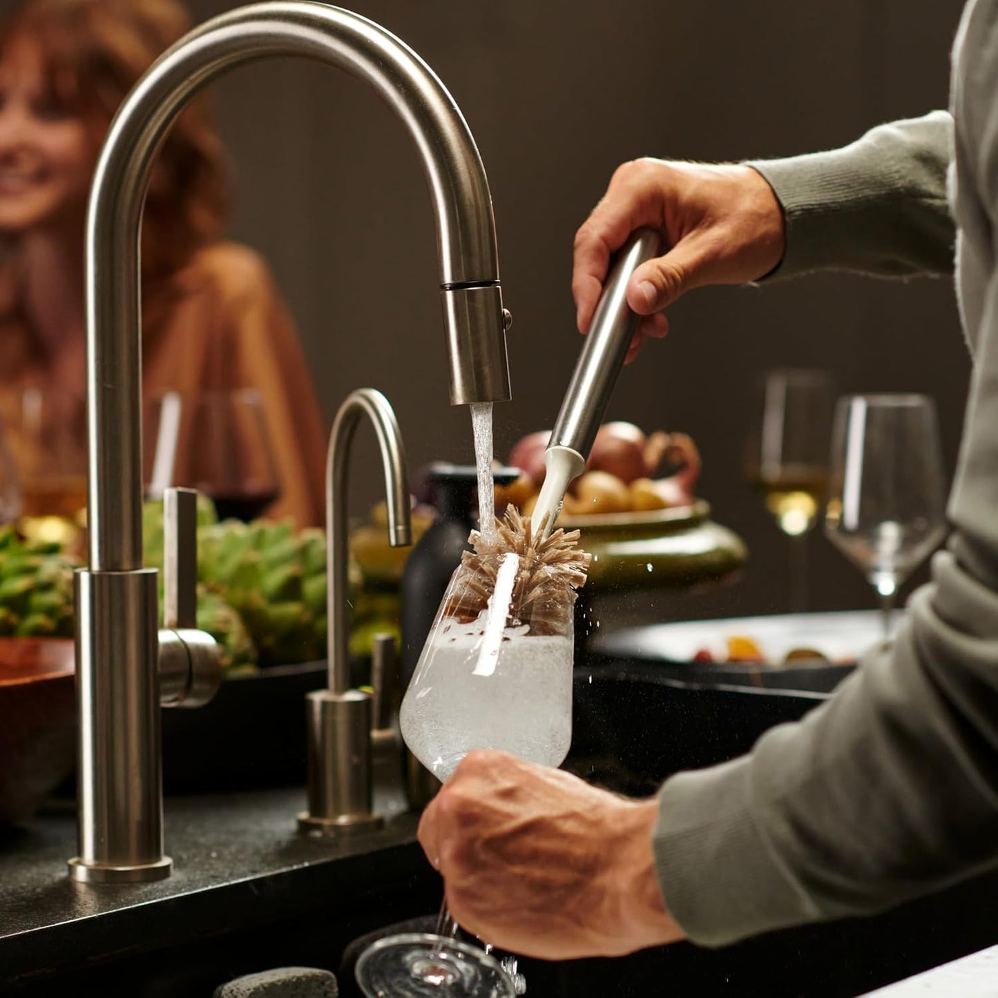 Ionic Bottle Brush, Magnetized to Stand Upright, Stainless Steel with Replaceable Head, Onyx/Black