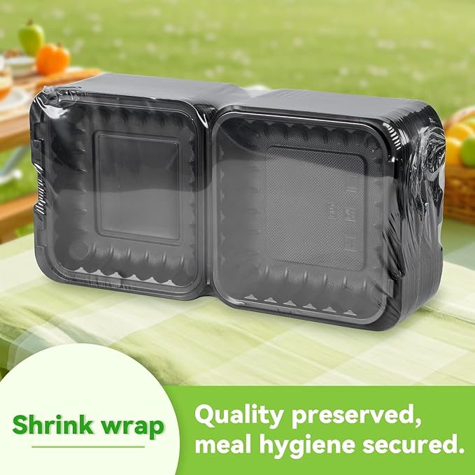 FRESHPAK Takeout Containers Mineral Filled PP - 55 Pack 8x8 34 oz Shrink Wrap BPA Free Plastic | Stackable Meal Prep Clamshell Food Container | Reusable Microwave Safe Leftovers | Catering Lunch Box
