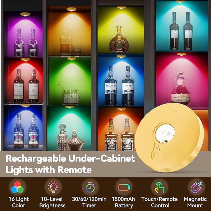 Rechargeable Puck Lights with Remote, 12 Pack Magnetic Under Cabinet Lighting, 1500mAh Battery Operated LED Tap Lights with Dimmer & Timmer for Kitchen, Closet, Shelf - 3 Color Temps & 12 RGB, Gold
