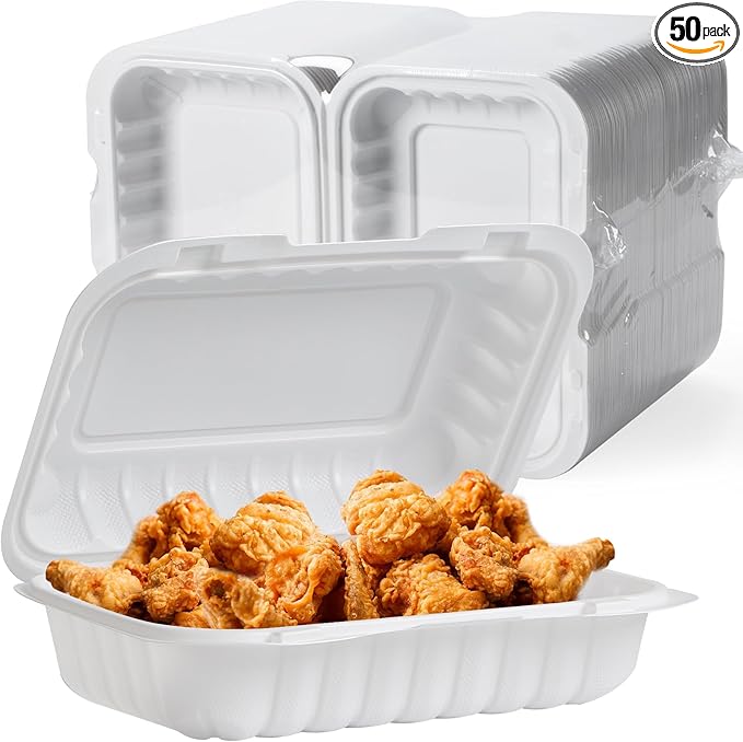 Food Containers 27 oz 9x6 50 Pack - Shrink Wrap Clamshells with Locking Hinge | BPA Free Mineral Filled PP | Freezer & Microwave Safe | Commercial White Reusable Meal prep Boxes for Takeout