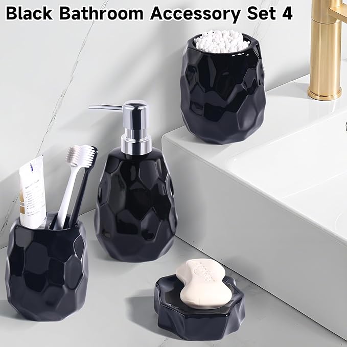 Ceramic Bathroom Accessories Set 4 PCS,Modern Bathroom Accessory Set,Include Toothbrush Holder,Soap Dispenser, Vanity Tray,Tumbler,Bathroom Sets Decor Organizer with Soap Dish,Apothecary Jar (Black)