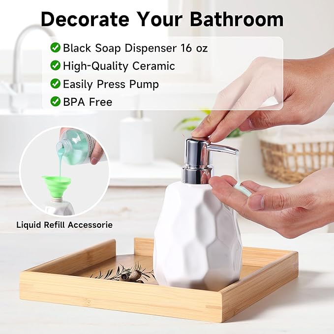Ceramic Bathroom Accessories Set 4 PCS,Modern Bathroom Accessory Set,Include Toothbrush Holder,Soap Dispenser, Tumbler,Vanity Tray,Bathroom Sets Decor Organizer with Soap Dish,Apothecary Jar (White)