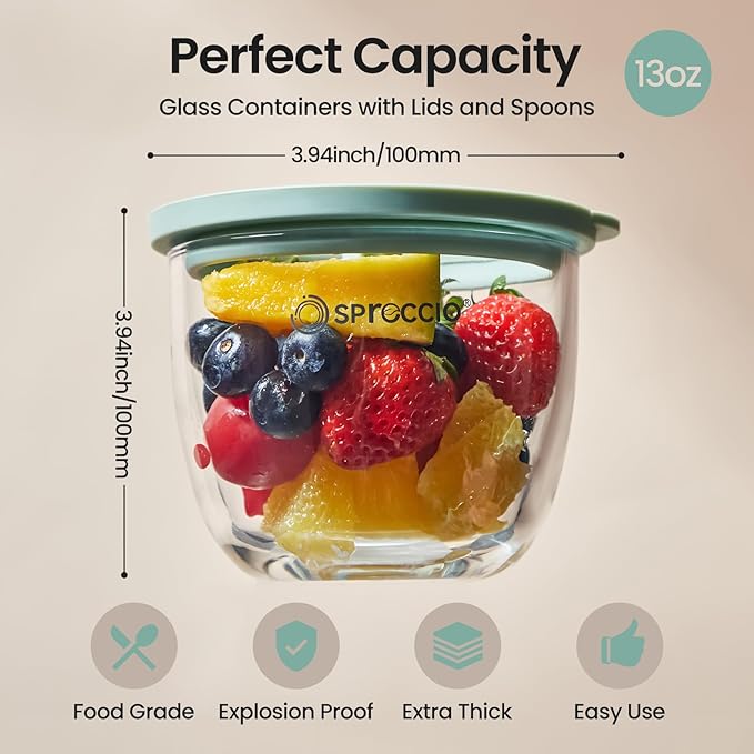 Glass Meal Prep Bowls Set - Leakproof Lids, Microwave & Dishwasher Safe 13 oz (4-Pack) Perfect for Meal Prepping, Portion Control, and On-the-Go Lunches BPA-Free