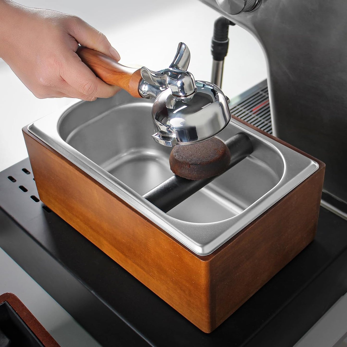 DIBTSA Knock Box Espresso, Coffee knockbox with Rubber Knock Bar and Anti-slip Pad, Commercial Use Large Capacity, Stainless Steel and Wooden, Espresso Accessory