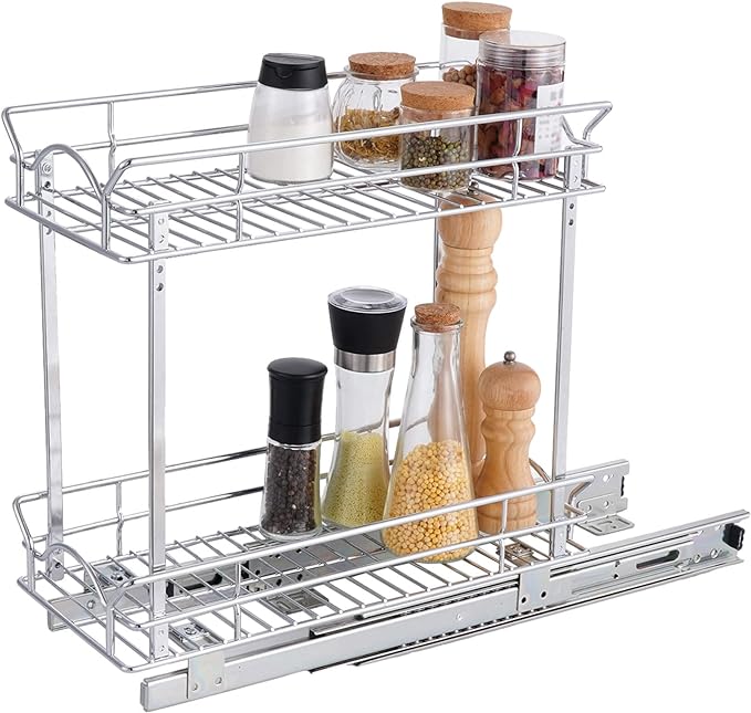 OCG Slide Out Cabinet Organizer for Narrow Cabinet (5" W X 21" D), 2 Tier Pull Out Shelves Slim Sliding Cabinet Organizer and Storage, Chrome