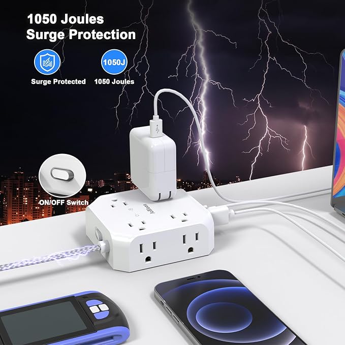 Surge Protector Flat Plug Power Strip, 10Ft Extension Cord with Multiple Outlets, 8 Outlet Splitter with 4 USB(2 USB C) Ports, Desk Charging Station for Home, Office, College, Dorm Room Essentials