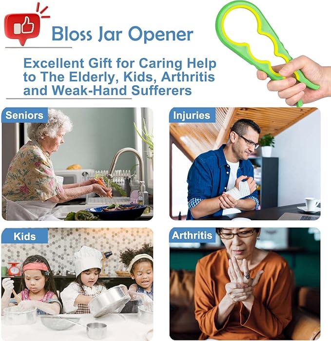 Jar Opener, Bloss Non Slip Jar Bottle Opener Jar Gripper for Weak Hands, Seniors With Arthritis and Children, 4 in 1 Multi-Function Colorful Can Opener Easy to Use for Low Strength, Green Yellow