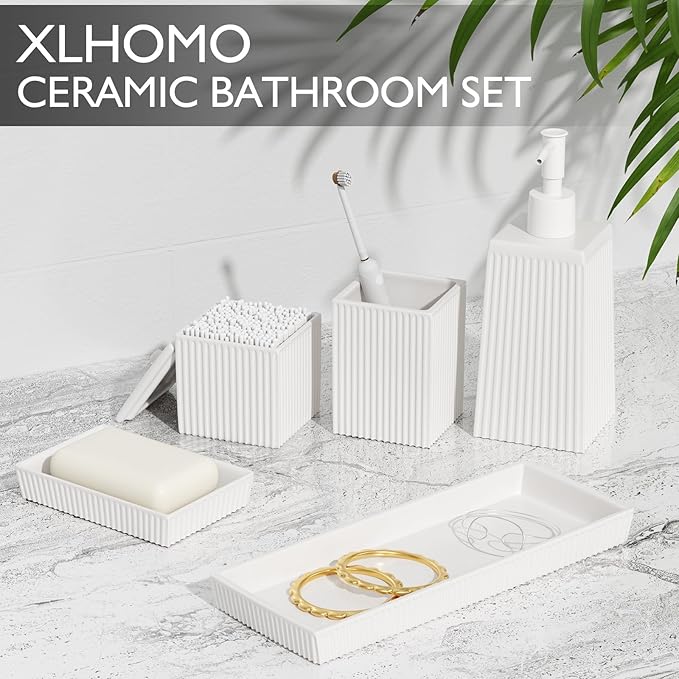 Bathroom Set - White Bathroom Accessories Set, 5PCS Ceramic Bathroom Accessory Set, Bathroom Sets with Soap Dispenser, Toothbrush Tumbler, Soap Dish, Q-tip Holder & Vanity Tray