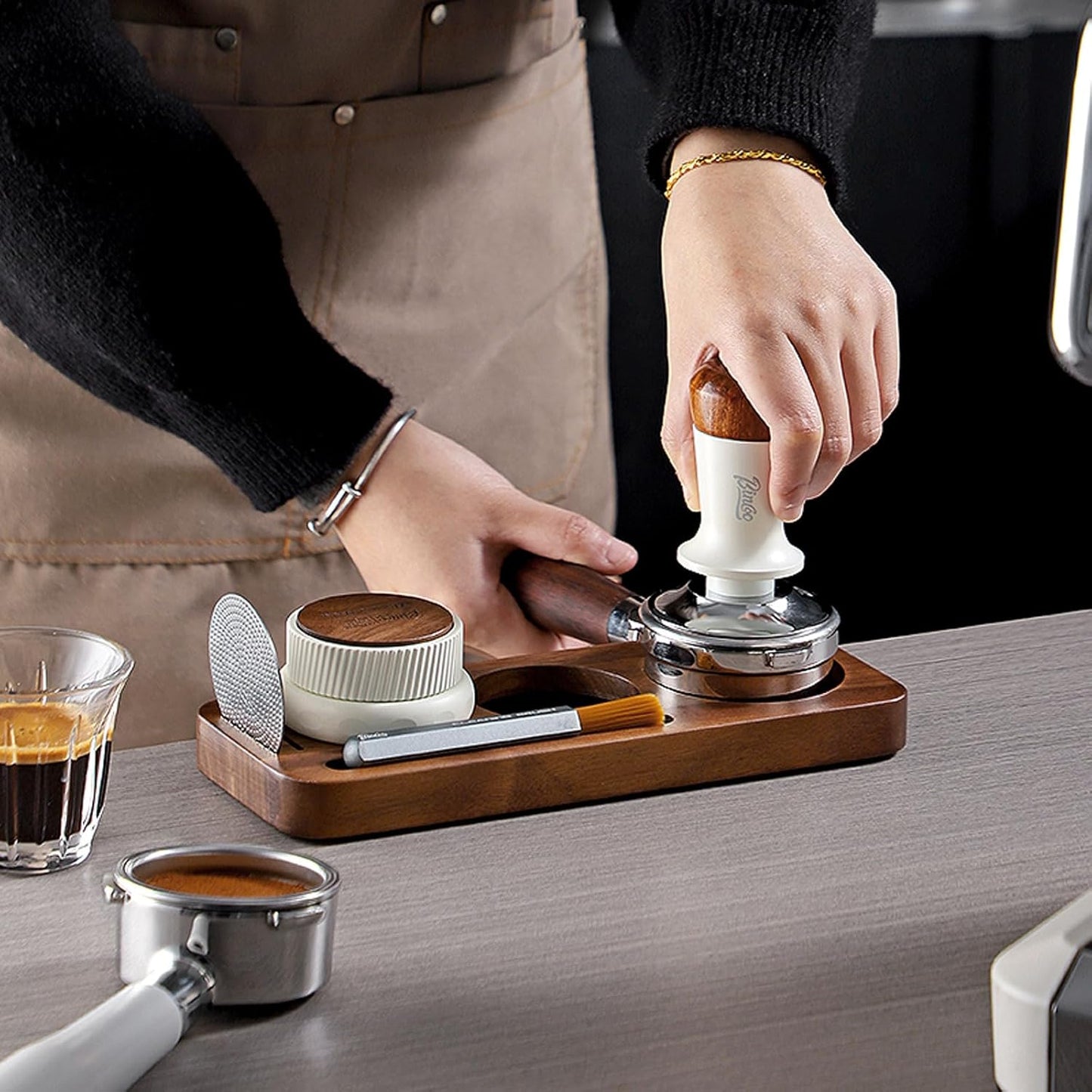 Bincoo 58mm Espresso Tamping Station - Sapele Coffee Bar Organizer with Non-Slip Mat, Multi-Slot Design for Counter, Holds Tamper,Distributor, Basket Holder