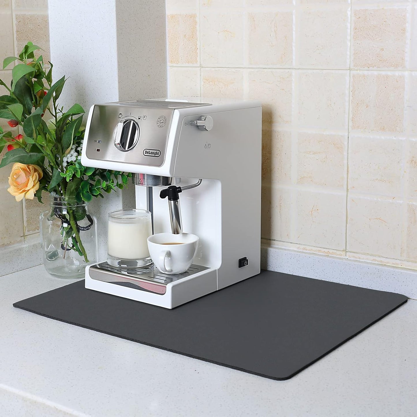 ZLR Coffee Mat - 16" x 20" Large Kitchen Hide Stain Absorbent Dish Drying Mat for Countertop - Easy to Clean Coffee Bar Mat for Espresso Machine and Spill Protection - Dark Gray