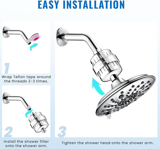 Ryamen Heavy Duty Shower Filter, Shower Water Filter, 99% REMOVAL Shower Head Filter for Hard Water, Heavy Metals, Chlorine, Enhanced Water Filtration for Healthier Skin and Hair (Silver)
