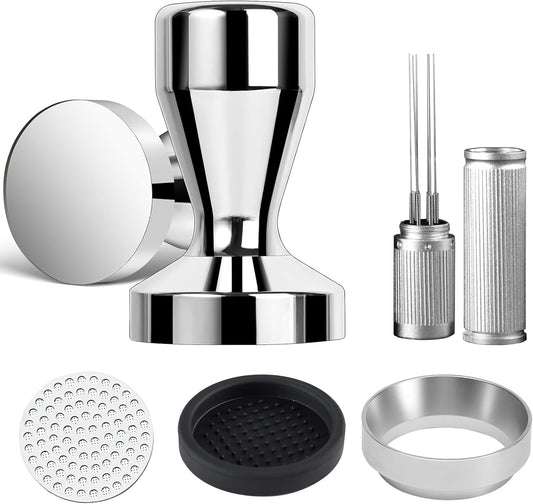 53mm Espresso Accessories Kit,Wdt Tool Espresso,Solid Espresso Tamper,Dosing Funnel and Coffee Puck Screen,Silicone Tamper Mat,0.4mm Stainless Steel 6pin Espresso Stirrer,Barista Tools Espresso Kit