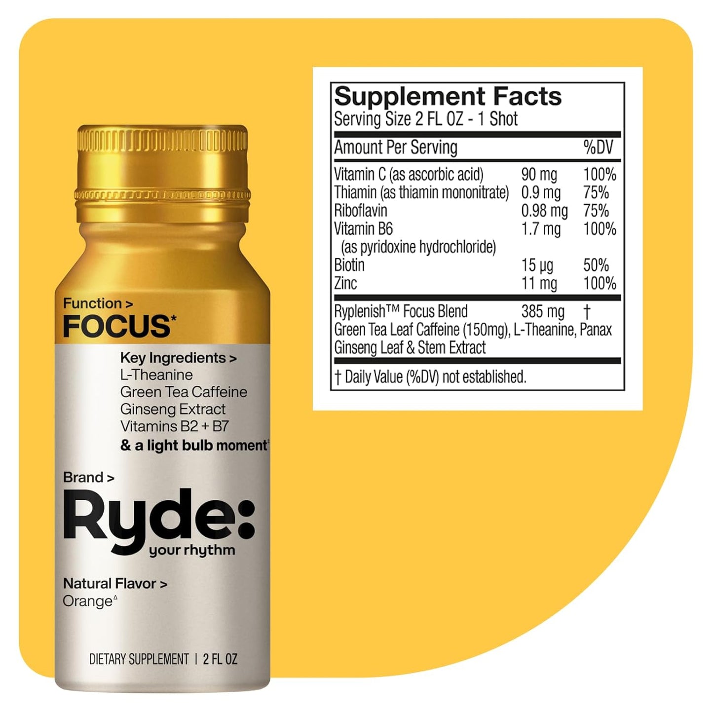 Ryde: Focus Shot | Orange Flavor | L-Theanine & Ginseng | Green Tea Caffeine | Vitamins B2 & B7 | 0 Calories, 0 Sugar | 2 FL OZ Shots | Supports Focus* (24 Pack)