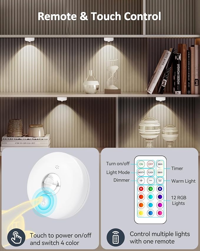 Yiliaw LED Puck Lights with Remote, Magnetic AAA Battery Operated Light, Under Cabinet Lighting, Tap Lights with Dimmer & Timmer for Kitchen, Closet, Shelf - 12 Pack, White