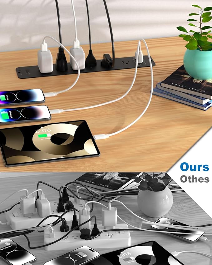 Recessed Power Strip Extension - 10 Outlet Surge Protector with 6 AC - 2 USB-A（18W） and 2 USB-C（PD20W） Ports - Flush Mount Desk Outlet with 6 Feet Cord - for Conference Table (Black)