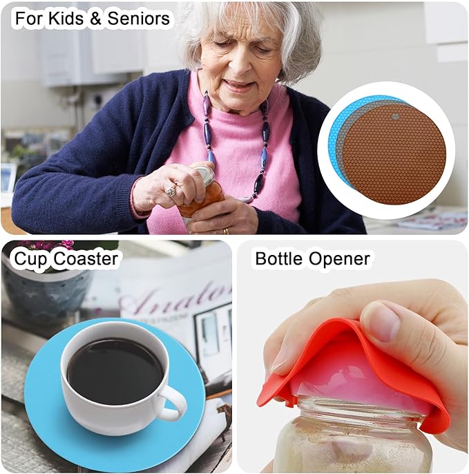 uxcell 3pcs Silicone Jar Opener Pads, 17.5cm/7" Texture Can Opener Multipurpose Round Bottle Lid Opener Non-Slip Coasters for Weak Hands Seniors Children, Brown, Gray, Blue