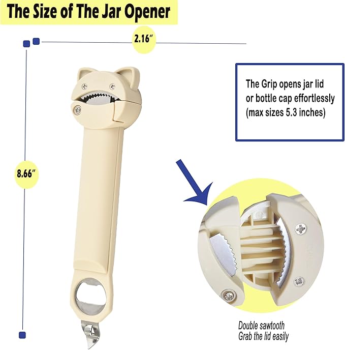 AHN Magnetic Bottle Opener & Jar Opener - Multi-Function Gripper for Tight Lids Cans Twist-Off Caps with Strong Suction Base Kitchen Gadgets, Gift for Elderly/Rheumatoid Arthritis (Off-White)