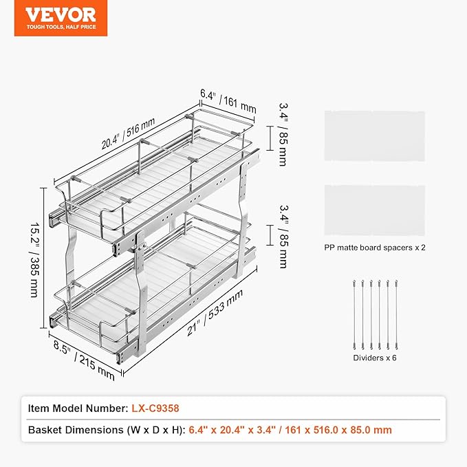 VEVOR Pull Out Cabinet Organizer, 8.5"W x 21"D Heavy Duty Slide Out Pantry Shelves, Chrome-Plated Steel Roll Out Drawers, Sliding Drawer Storage for Home, Inside Kitchen Cabinet, Bathroom, Under Sink