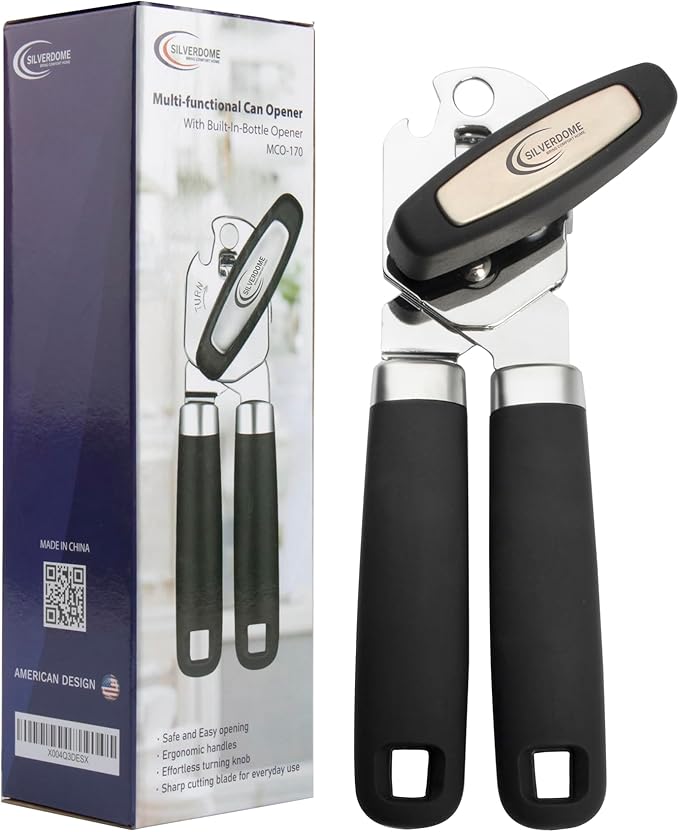 Heavy Duty Stainless Steel Manual Can Opener with Bottle Opener Function- Rust Proof and with Soft Grip Handle, razor sharp, smooth and easy cutting,
