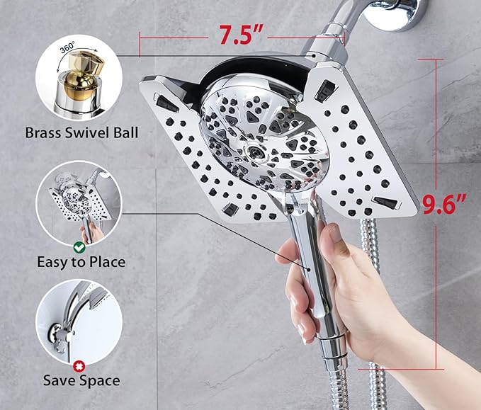 1.8 GPM Shower Head with Handheld: 2-in-1 High Pressure Shower Heads with Handheld Spray Combo 7.5" Rain Shower and 10 Spray Settings Handheld Shower Head, Detachable Showerhead with Hose