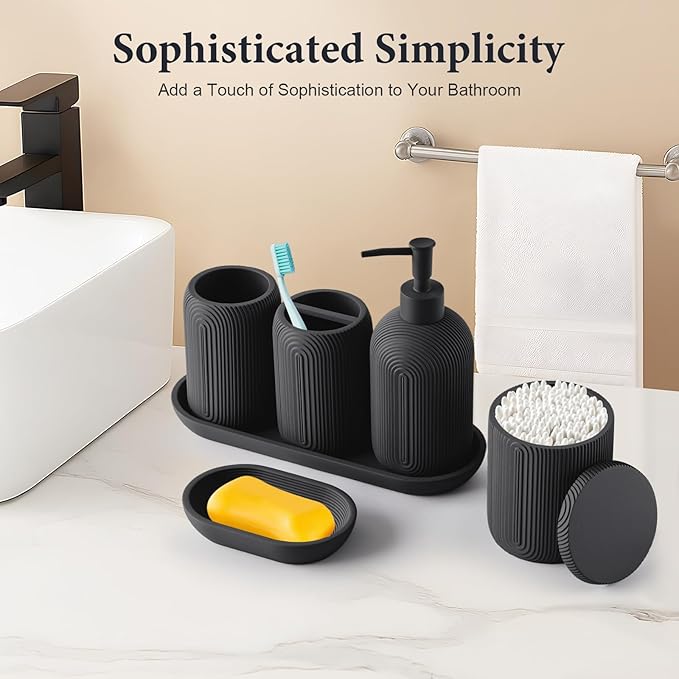 Bathroom Accessories Set - 7-Piece Resin Bathroom Set, Toothbrush Holders Set, Soap Dispenser, Qtip Holder Dispenser, Tumbler, Soap Dish & Tray, Modern Bath Decor for Home Dorm Hotel (Black)